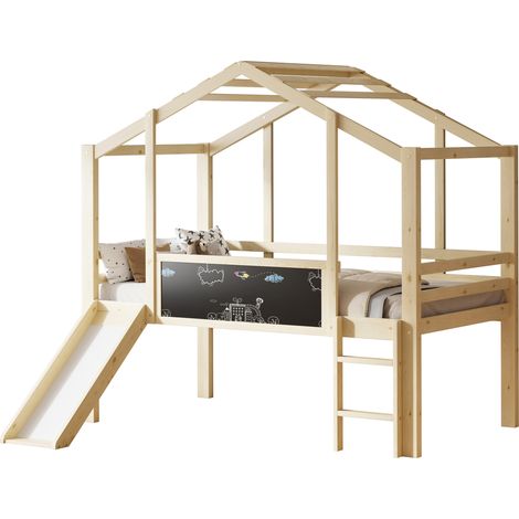 Cama alta infantil 90 x 200 cm de madera natural con tobogán, escalera y pizarra (1/5)