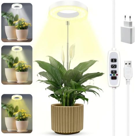 Lampe de culture LED à spectre complet pour plantes d'intérieur, hauteur réglable avec minuterie 3/9/12 h, 10 niveaux de luminosité, 3 modes, pour petites plantes
