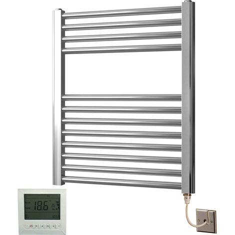 York Flat Chrome Electric Towel Rail 500 x 600mm Towel Radiator + TIMER / ROOM THERMOSTAT
