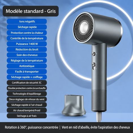 Sèche-cheveux ionique 1400W 20 000 tr/min gris avec buse clipsable gris 600 g – Livraison gratuite