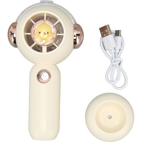 Tragbarer, cremeweißer Ventilator mit 3 Geschwindigkeitsstufen, integrierter Sprühfunktion und USB-Ladestation. Der Mini-Ventilator ist ideal für Zuhause, Schule oder Büro. (1/5)