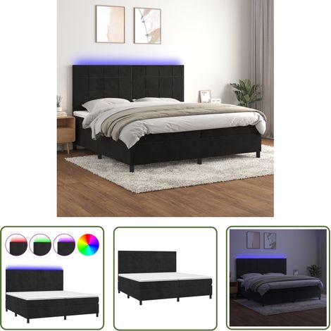 The Living Store Sommier à lattes de lit matelas et LED Noir 200x200 cm Velours - Lit Capitonné - Lit Design - Lit Double - Sommier Tapissier - Matelas À Ressorts Ensachés (1/5)