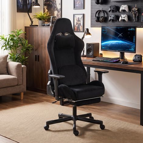 Chaise Gaming Ergonomique Massante et Coussin Lombaire Chauffant, Fauteuil Gaming Inclinable en Lin, Accoudoirs 3D, Noir (1/5)