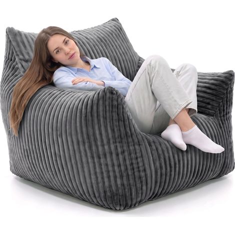 Pouf Poire Ergonomique avec Accoudoirs - Fauteuil Poire avec rembourrage en mousse déchiquetée - forme enveloppante - Velours côtelé - pour salon, chambre et lecture - Gris (1/5)