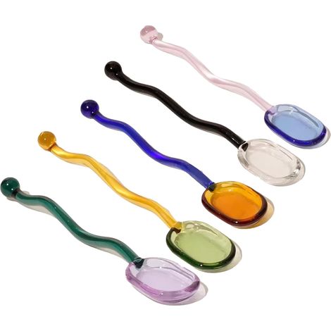 Cuillère En Verre - Cuillère À Café Thé Dessert En Verre Borosilicaté Résistant À La Chaleur - Poignée Courbée - 5 Pièces (1/5)