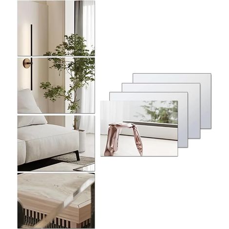 Lot de 4 portions de miroirs acryliques pour murs - Miroirs rétro sans verre sûrs à coller - Pour maquillage, miroir grand format pour corps entier - Pour salle de sport à domicile (1/5)
