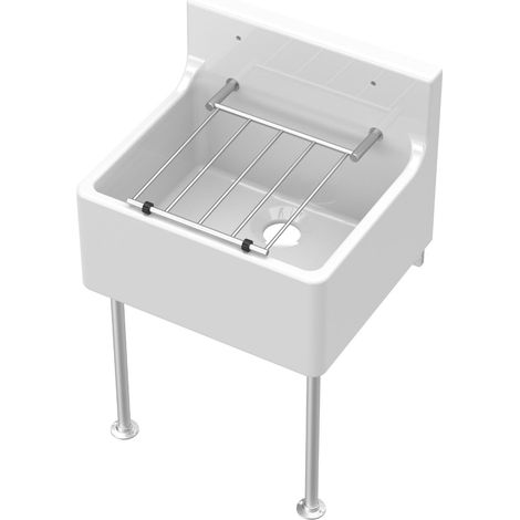Single Bowl Fireclay Ceramic Cleaner Sink with Grill & Legs, 455 x 362 x 396 - White/Chrome