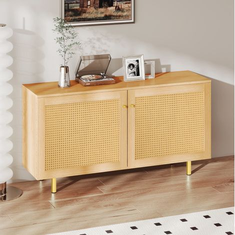 Buffet en MDF coloris naturel avec 2 portes en rotin tressé, tablette intérieure et pieds métal 120 x 40 x 63 cm (1/5)