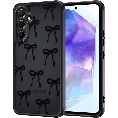 Coque pour Samsung Galaxy A55 5G, Aesthetic Papillon Nœud Motif Étui Translucide Mat Silicone TPU + PC Arrière Antichoc Anti-Jaune Housse Protection de la Caméra Bumper Case, Noir (1/5)