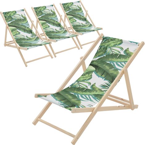 ECD Germany 4x Sedia a Sdraio Pieghevole in Legno con Tessuto Traspirante Verde-Bianco Tropicale, Schienale Reclinabile in 3 Posizioni Lettino Relax con Portata 120 kg per Spiaggia Giardino e Terrazzo