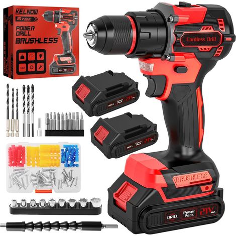 Perceuse Visseuse Sans Fil Brushless 21V, Perceuse Percussion 60 Nm, 2 Batteries 2.0Ah, Mandrin Métal 10 mm, 2 Vitesses 25+3 Couples, Visseuse Dévisseuse avec 87 Accessoires Bricolage (Rouge) (1/5)