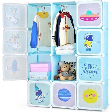 Armadio per bambini con 2 sezioni appendiabiti e 12 cubi blu