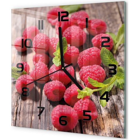 Horloge Murale Carrée Décoration Cuisine en Verre Trempé Silencieuse Moderne Framboises 30x30 cm (1/5)