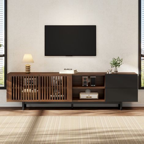 Meuble TV MDF 160×38×50cm noyer‑noir, portes à lamelles, tiroirs et niches ouvertes, meuble bas de salon (1/5)