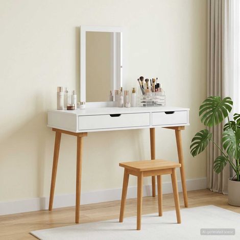 Coiffeuse avec miroir et tabouret 2 pièces en bois blanc 100 x 50 x 143 cm - PANGIVO (1/5)