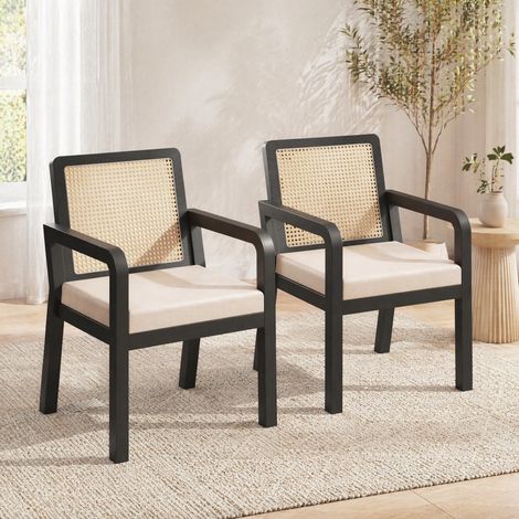 Set de 2 chaises de salle à manger en velours, dossier en rotin, pieds en bois noirs (1/5)