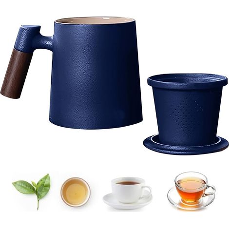 Tasse thé céramique 400 ml, poignée bois, couvercle, anti-brûlure (1/5)