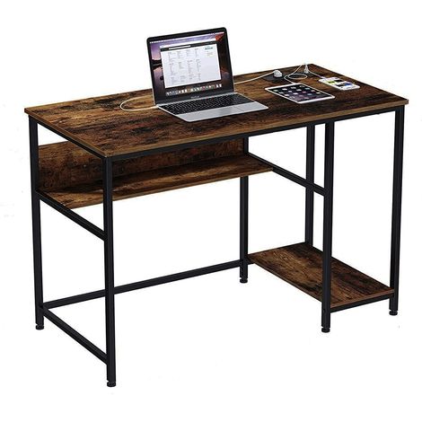 INDUSA - Bureau informatique avec étagère. Cadre en métal, style industriel, Marron Rustique vintage et Noir