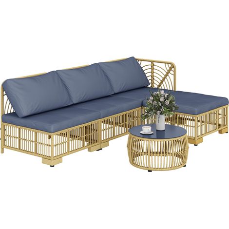 Ensemble de jardin en rotin avec canapé modulable, coussins et table basse, gris idéal pour aménager votre terrasse, balcon ou jardin, alliant confort et durabilité pour vos moments de détente en e...