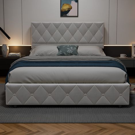 Cama 140x200 cm Tapizada Terciopelo Gris, Diseño Moderno Atemporal, Estructura Estable con Listones de Madera, Capacidad 250 kg - Confort Óptimo (1/5)