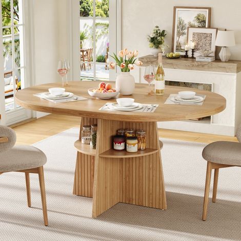 Table à manger ronde extensible 110-150x110x77,5 cm, 2 à 8 personnes, avec rangement, MDF - naturel (1/5)