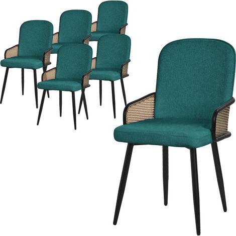 ML-Design Lot de 6 Chaises de Salle à Manger en Tissu Bleu Pétrole, Accoudoirs en Rotin et Pieds en Métal Noir, Assise Rembourrée Confortable, Fauteuils Ergonomiques de Cuisine Salon, Style Scandinave (1/5)