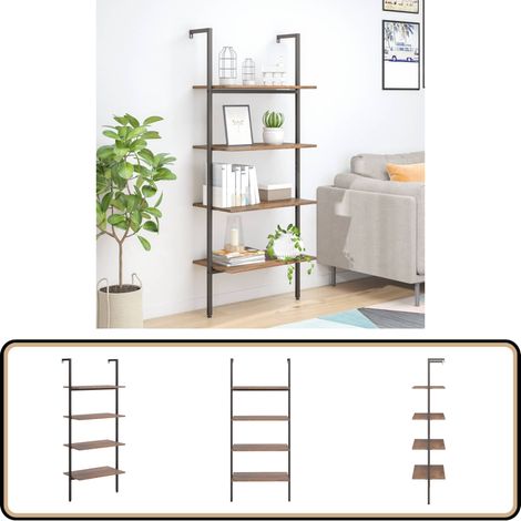 Leiterregal mit 4 Böden Dunkelbraun und Schwarz 64x35x152,5 cm - Bücherregal - Wandregal - Aufbewahrung - Regal - Dekoration