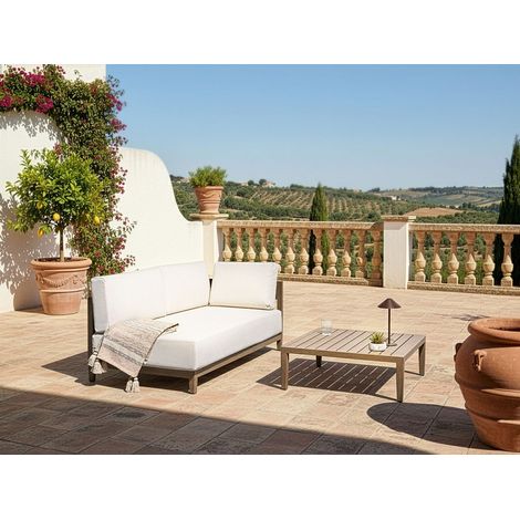 Sofá de jardín moderno exterior 2 plazas de aluminio con cojines beige claro mesa de centro marrón Sampieri (1/5)