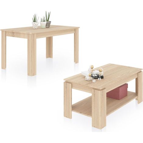 Pack mesa de comedor 140 y mesa de centro Lya Roble Canadian 90cm (ancho) x 78cm (alto) (1/5)