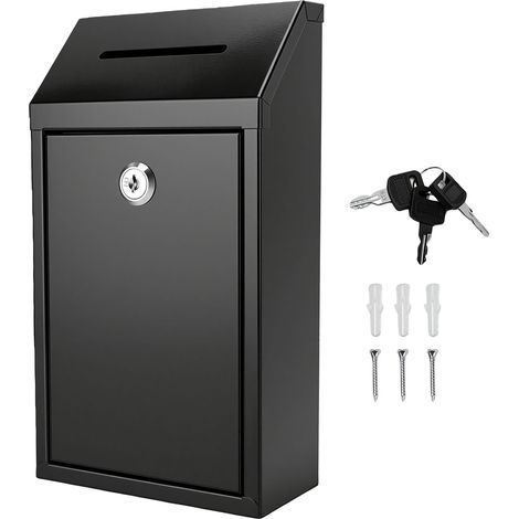 Caisse en métal noir avec serrure et fente, fixation murale, 3 clés incluses, pour étalage extérieur. (1/5)