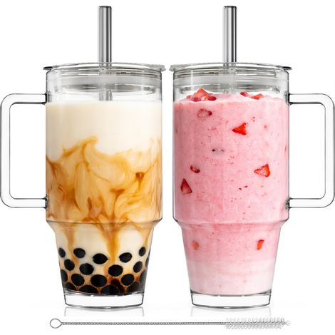Lot de 2 gobelets en verre avec couvercles et pailles, transparents de 710 ml avec poignée, verres réutilisables pour café glacé, thé, eau, couvercle anti-fuite, passent au lave-vaisselle (1/5)