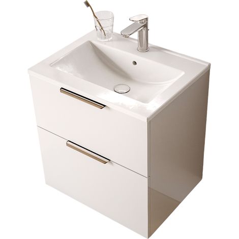 BERNSTEIN - Mueble de baño blanco brillante de 60x46x62 cm (largoxanchoxalto), 2 cajones y tiradores negros mate - TIM60 Blanco brillante, Negro mate (1/5)