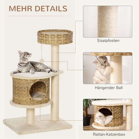 Arbre à chat 95 cm tour avec cachette, balle de jeu, poteaux en sisal, grande plateforme, griffoir à étages, pour chats jusqu'à 5 kg, Naturel+Beige (1/4)