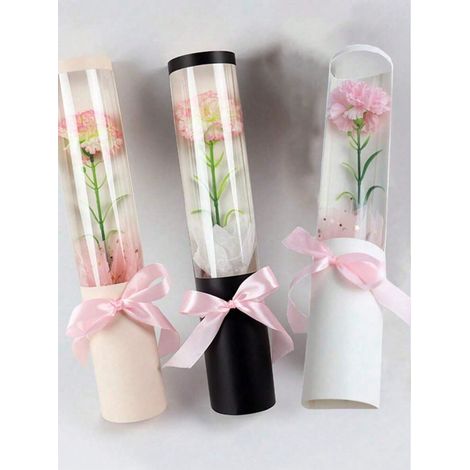 5pcs Boîte d'emballage de bouquet en rose transparent cylindrique longue, disponible en rose, blanc, noir, pour la Saint-Valentin, la Fête des Mères, les mariages, anniversaires, remise de diplôme. (1/4)