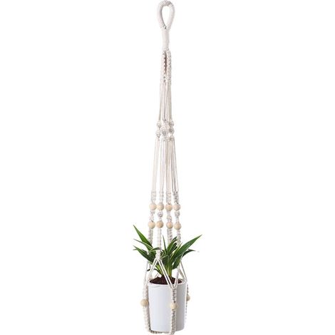 Portavaso in corda annodata di cotone e lino, gancio per vaso, cestino sospeso in corda, supporto per vaso, cestino per piante da appendere - (Colore: Bianco)