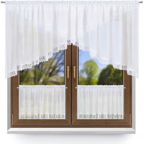 Küchengardinen-Set, weiß, 300 cm breit, im Briefumschlagstil, Guipure-Spitze