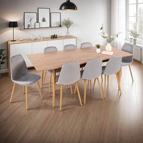 Table à manger extensible chêne + 8 chaises en velours gris - UBELI