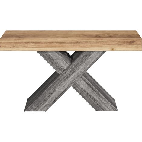 Console étroite à pieds en X en panneaux de particules effet bois, pour entrée et salon, 140x30x80 cm, couleur naturelle (1/5)