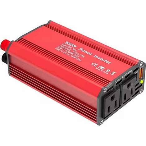 Onduleur Voiture 300W 12V vers 110V – PD65W USB-C, QC3.0, 2 Prises AC, Ventilateur Intelligent, Rouge (1/5)