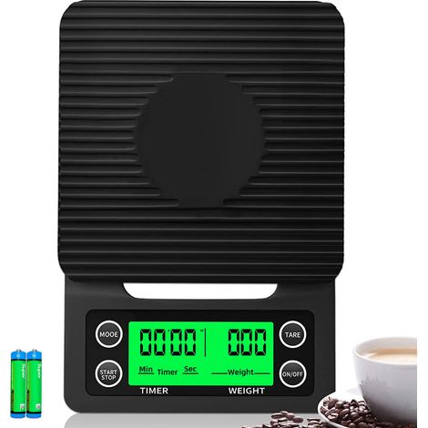 Bilancia da caffè con timer - precisione 0,1 g, bilancia per caffettiera filtro (3 kg) con display LCD e tappetino antiscivolo (batterie incluse) - Nero