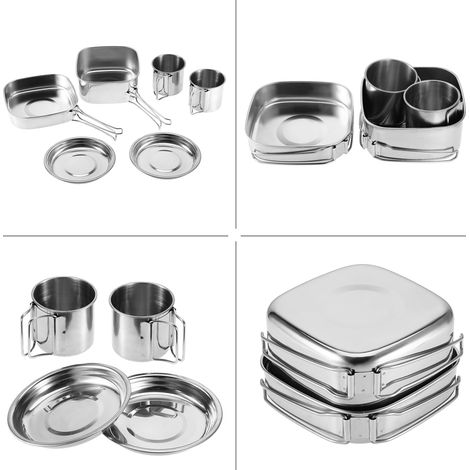 Ensemble de 6 pièces de batterie de cuisine portable en acier inoxydable pour le camping, les pique-niques et les activités de plein air : poêle, casserole, assiette et tasse. (1/5)