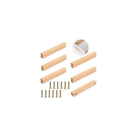 6 Pièces Poignee de Meuble en Bois, Poignée Bois avec Vis pour Armoire, Espacement des Trous 64 mm de Poignée de Meuble Placards en Bois, Poignées de Cuisine en Bois Universelles pour Les Placa