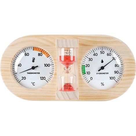 Thermomètre Hygromètre et Sablier 3 en 1 - 1 Pièce - Bois et Verre - Mesure Précise Température Humidité - Pour Sauna Hammam Domestique - Rouge 29x14x3 cm (1/5)
