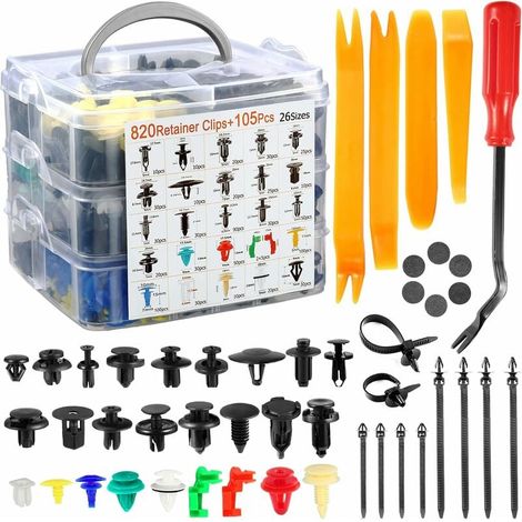 925 Rivets Plastiques Auto, Clips de Fixation Universels Noir pour Panneaux de Portes, Kit de Protection Voiture avec Coffret de Rangement et Outil de Démontage, 925 Pièces (1/5)
