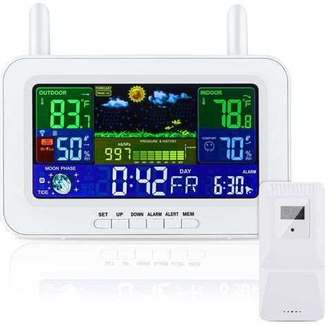 Drahtlose digitale Wetterstation mit Außensensor, Innen- und Außenthermometer mit Zeit, Temperatur, Luftfeuchtigkeit, Barometer, Wecker (weiß)