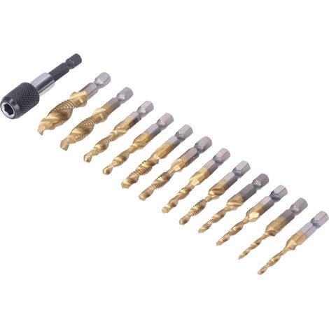 Lot de 13 forets taraudeurs HSS plaqués titane queue hexagonale 1/4po métrique impérial avec rallonge (1/5)