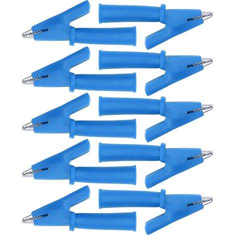 Lot de 10 pinces crocodiles de test, pinces de sécurité en laiton isolées PVC pour multimètre, adaptées aux fiches bananes de 4 mm, bleues. (1/5)