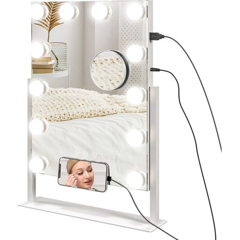 Miroir de maquillage hollywoodien 30 x 40 cm avec 12 LED, luminosité 3 couleurs réglables, support rotatif 360°, miroir grossissant 10X intégré