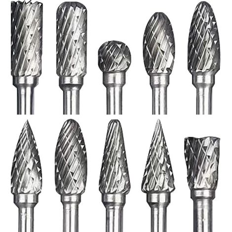 Jeu de Fraises Rotatives Acier Carbure de Tungstène Double Tranchant pour Outil rotatif, OUYLAF, 10 pièces Tige 1/8” pour Bricolage, Sculpture sur bois, Polissage métaux, Gravure, Perçage (1/4)