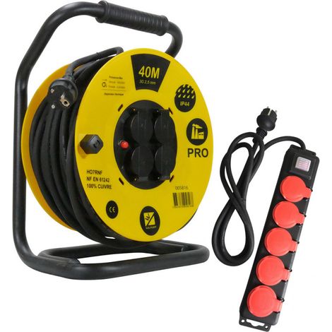 Enrouleur de câble PRO 40m – Câble HO7RNF 3G2,5 mm² – Bloc 5 prises 2P+T étanche – Norme IP44 – Usage extérieur – Wilmart